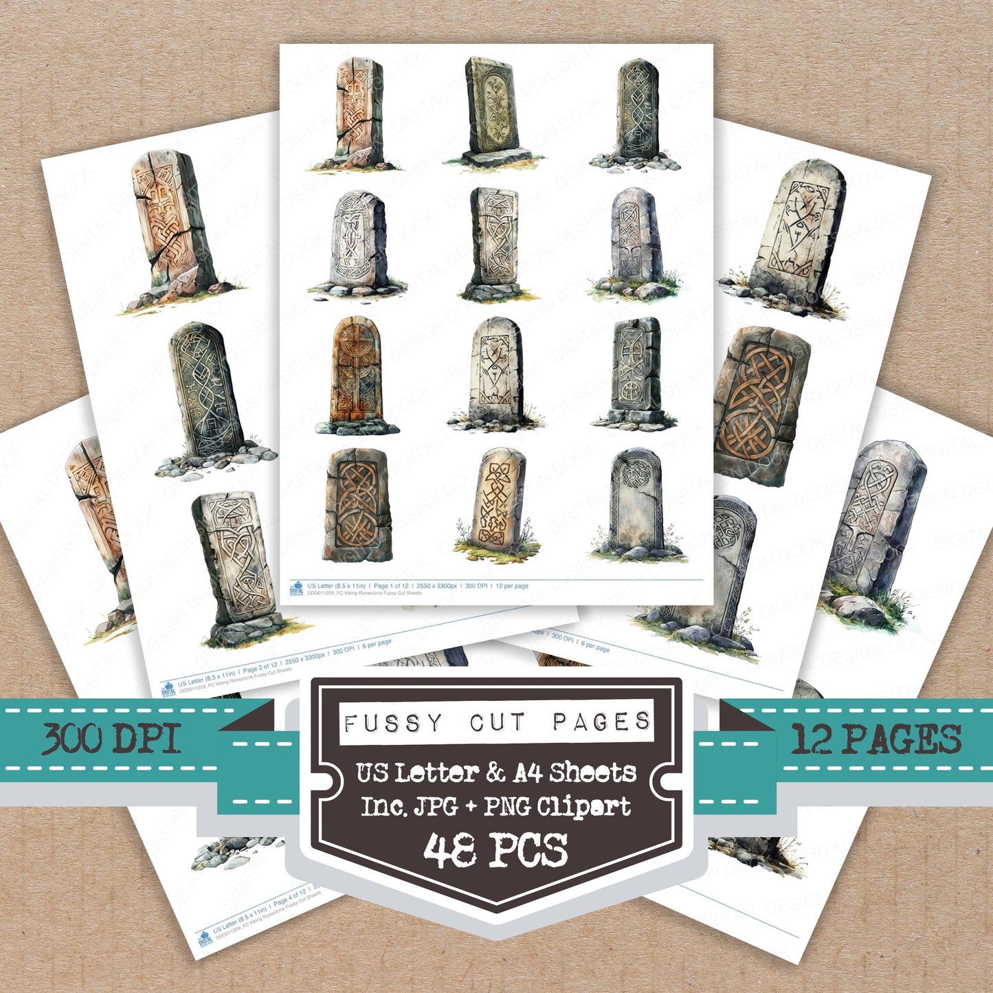 Viking Runestone fussy cut printable sheets for junk journaling, scrapbooking, and paper craft projects
