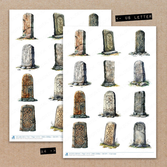 A4 and US Letter format comparison showing Viking Runestone fussy cut pages for print and cut crafting