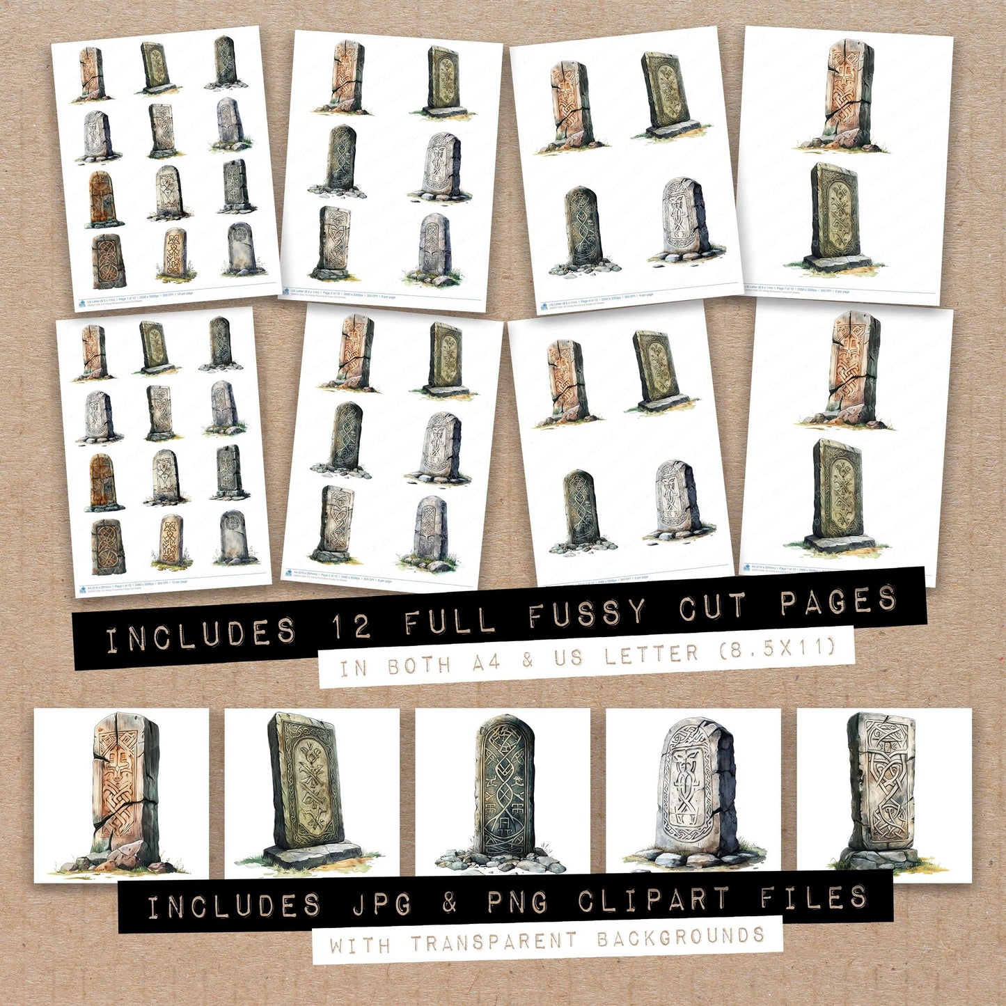 Full collection view of Viking Runestone fussy cut sheets with bonus clipart JPG and PNG files