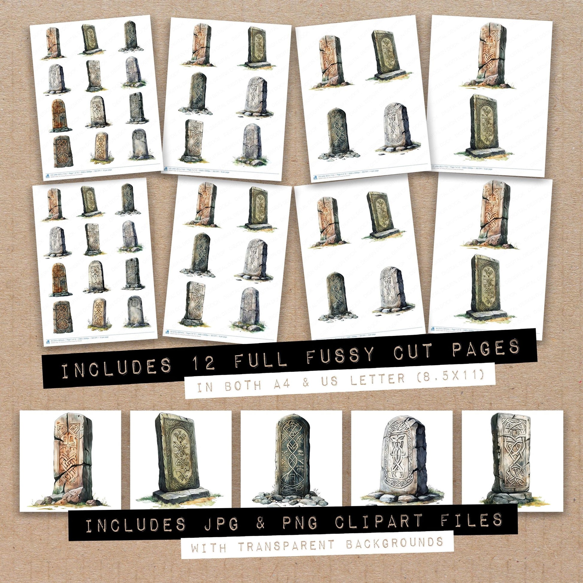 Full collection view of Viking Runestone fussy cut sheets with bonus clipart JPG and PNG files