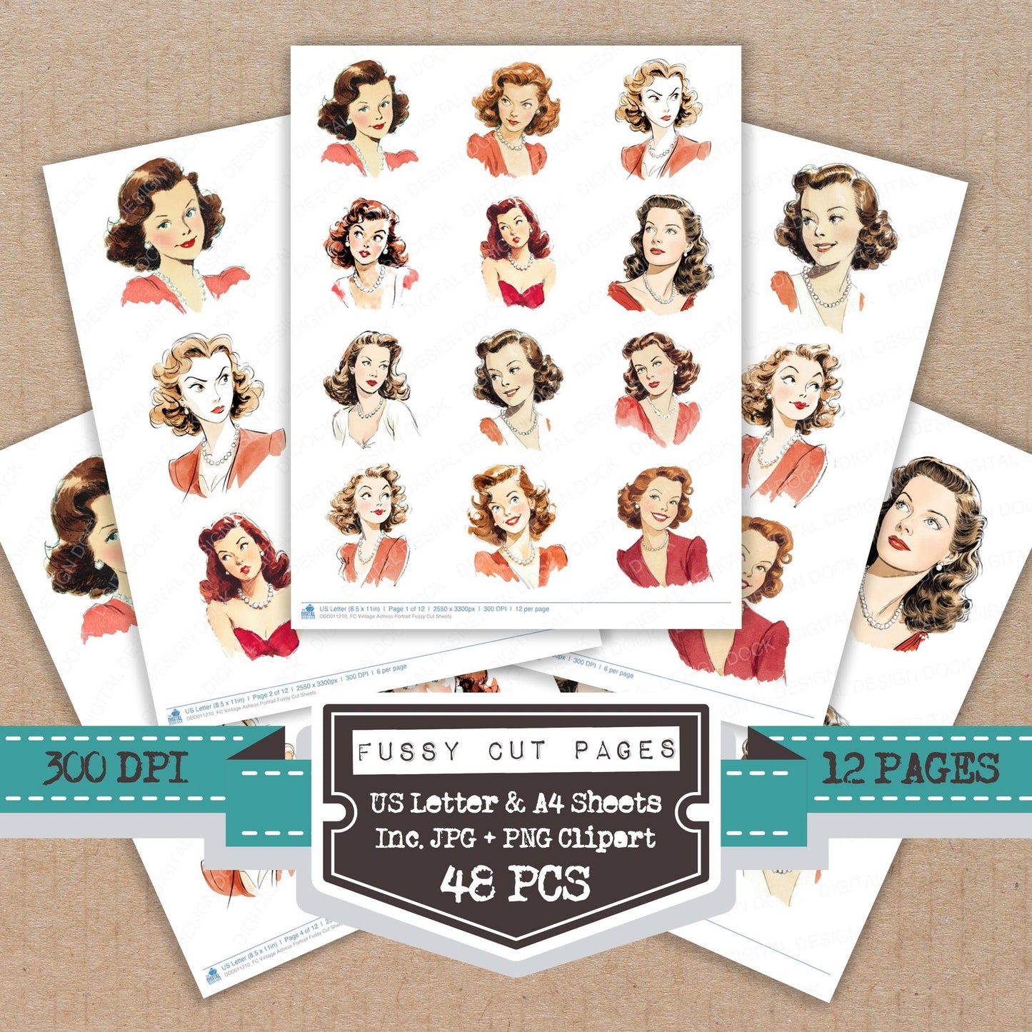 Vintage Actress Portrait fussy cut printable sheets for junk journaling, scrapbooking, and paper craft projects