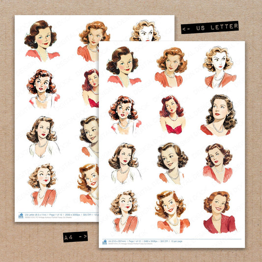 A4 and US Letter format comparison showing Vintage Actress Portrait fussy cut pages for print and cut crafting