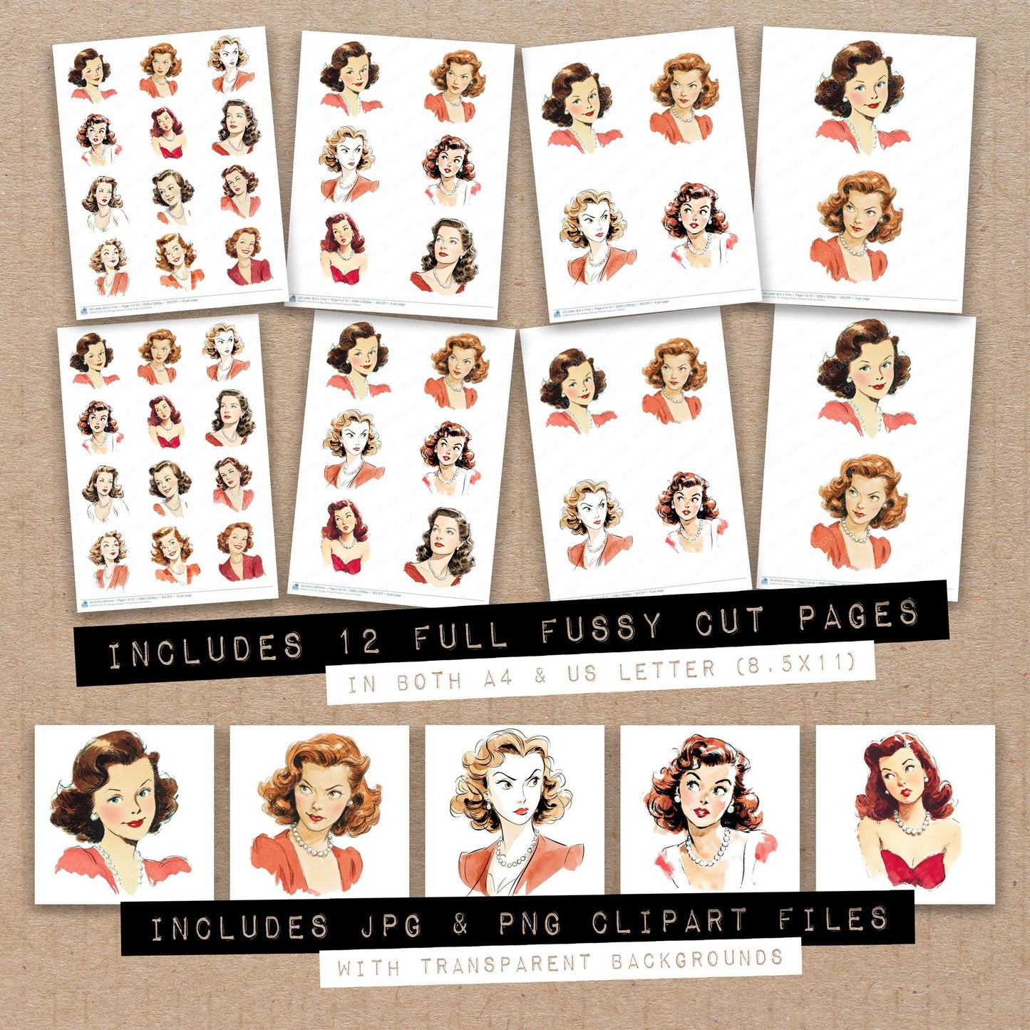 Full collection view of Vintage Actress Portrait fussy cut sheets with bonus clipart JPG and PNG files