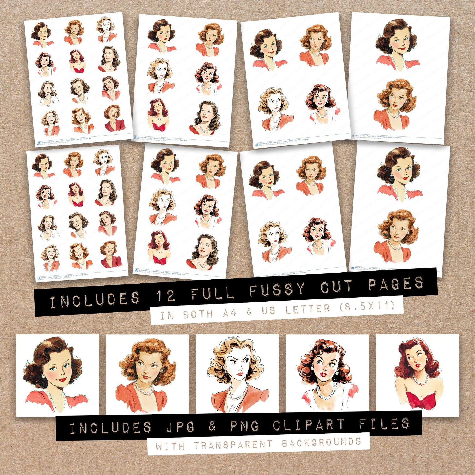 Full collection view of Vintage Actress Portrait fussy cut sheets with bonus clipart JPG and PNG files