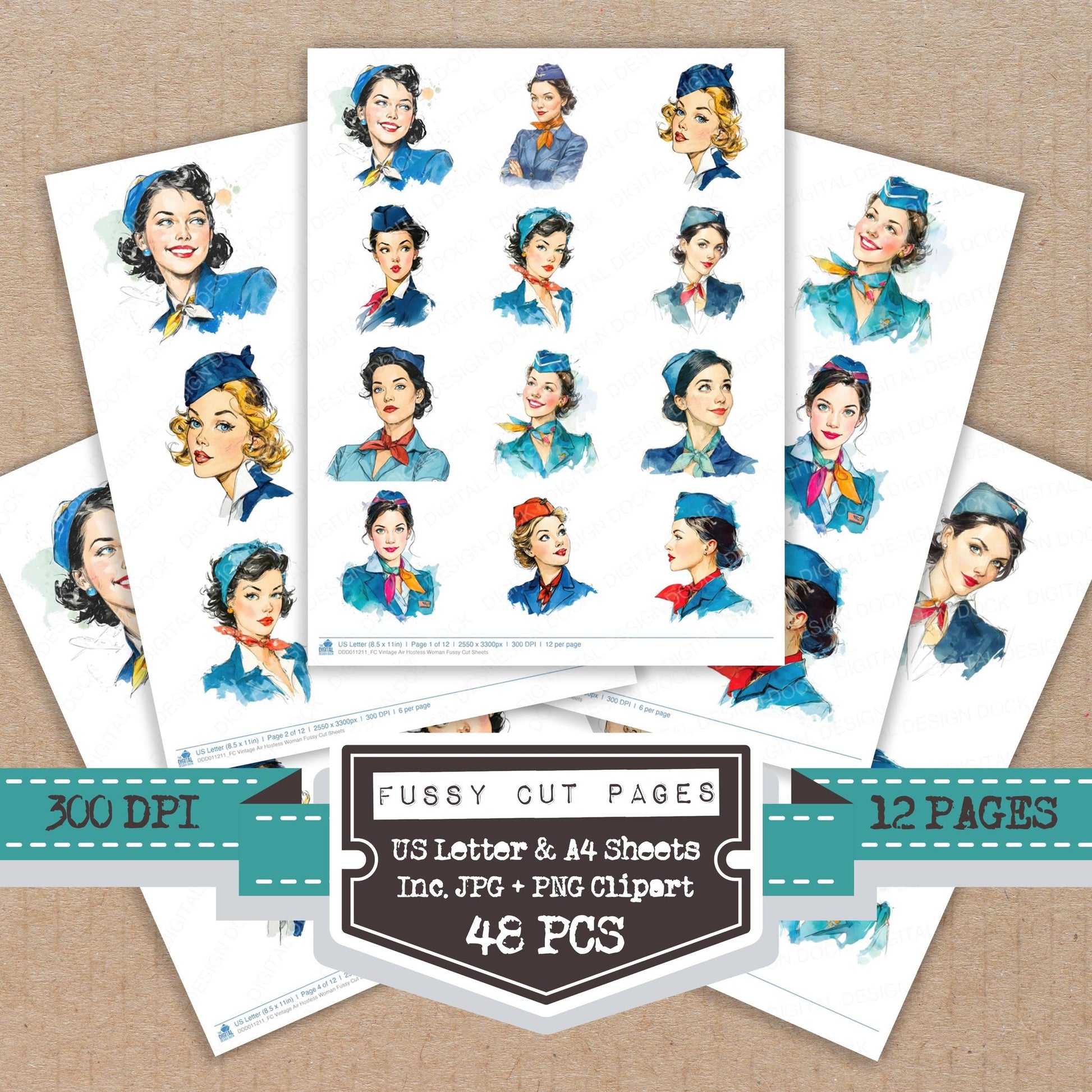 Vintage Air Hostess Woman fussy cut printable sheets for junk journaling, scrapbooking, and paper craft projects