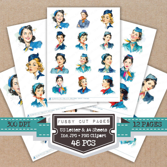 Vintage Air Hostess Woman fussy cut printable sheets for junk journaling, scrapbooking, and paper craft projects