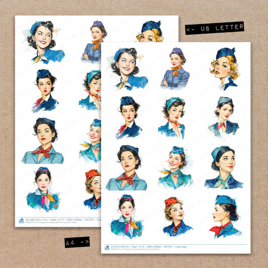 A4 and US Letter format comparison showing Vintage Air Hostess Woman fussy cut pages for print and cut crafting