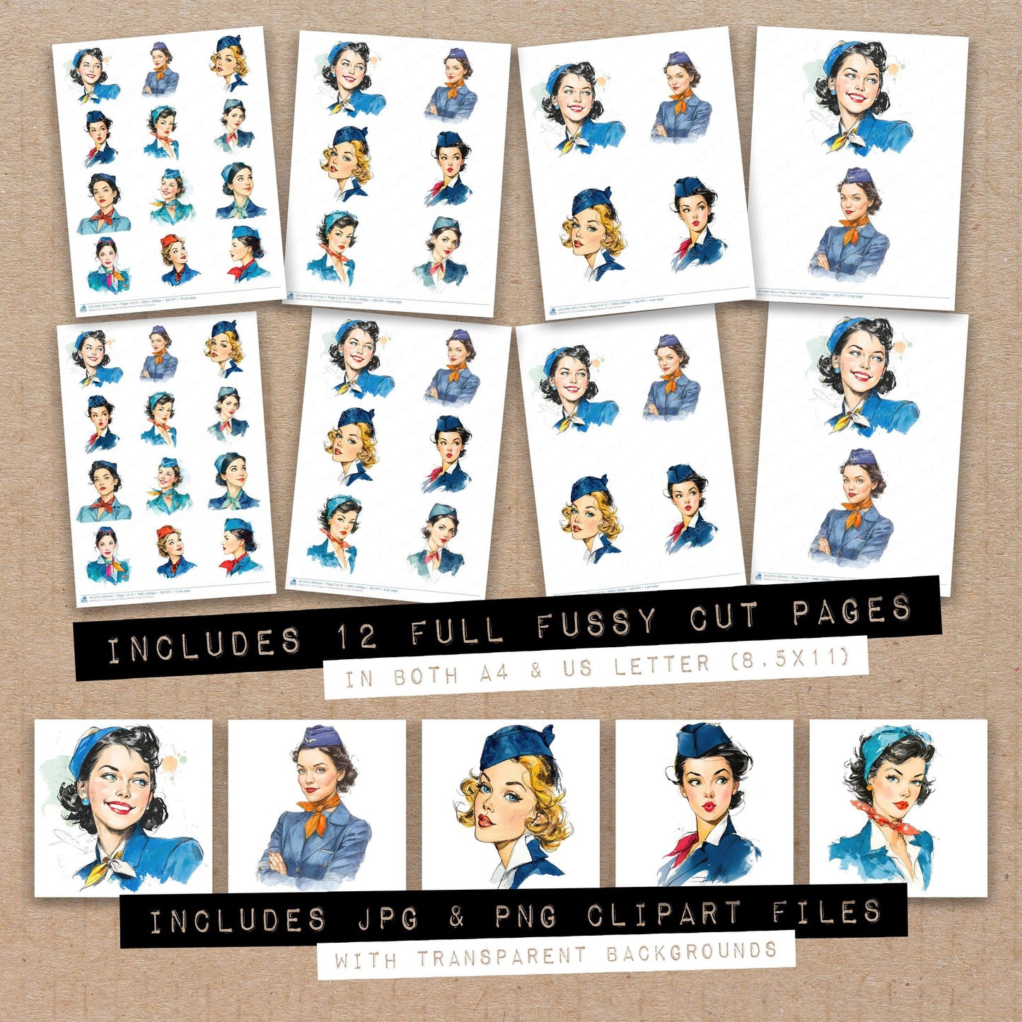 Full collection view of Vintage Air Hostess Woman fussy cut sheets with bonus clipart JPG and PNG files