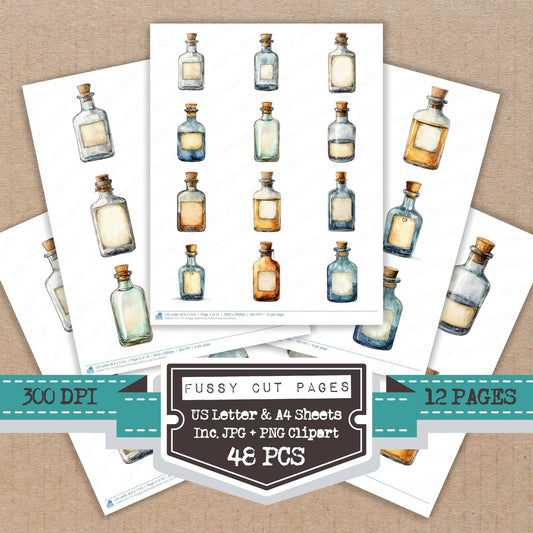 Vintage Apothecary Bottle fussy cut printable sheets for junk journaling, scrapbooking, and paper craft projects