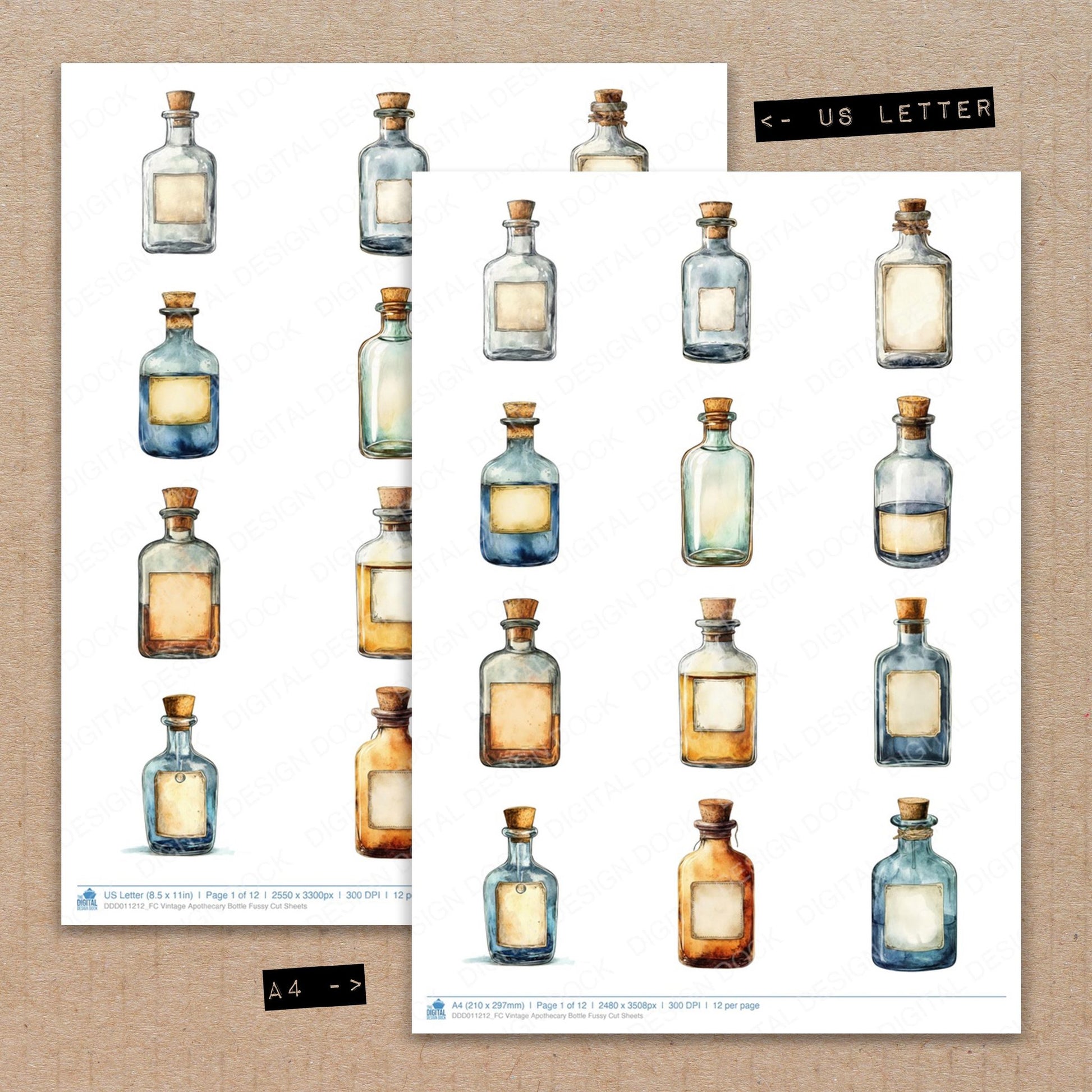 A4 and US Letter format comparison showing Vintage Apothecary Bottle fussy cut pages for print and cut crafting