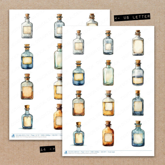 A4 and US Letter format comparison showing Vintage Apothecary Bottle fussy cut pages for print and cut crafting