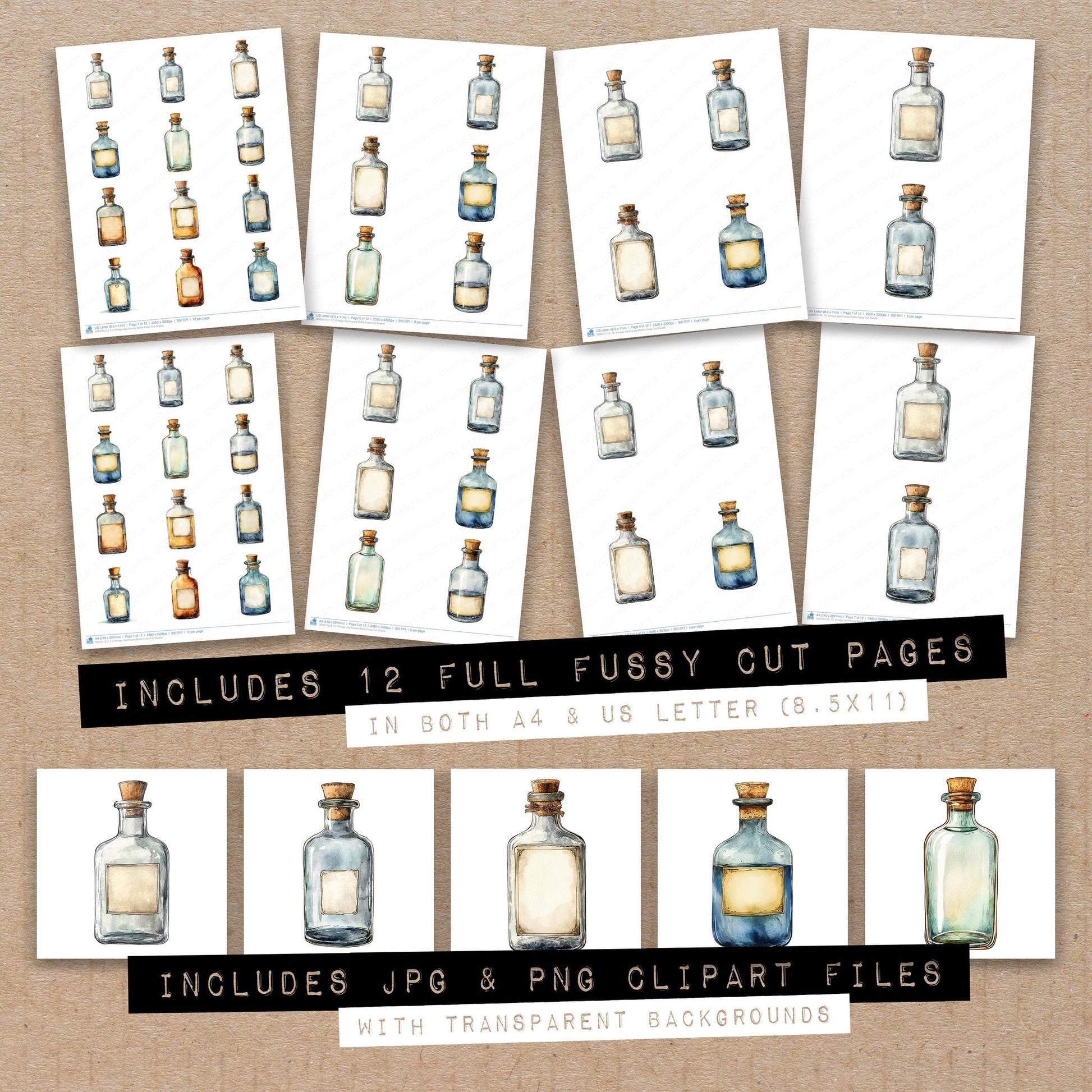 Full collection view of Vintage Apothecary Bottle fussy cut sheets with bonus clipart JPG and PNG files