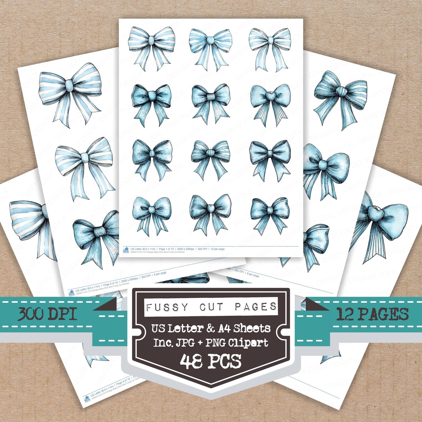 Vintage Baby Blue Bow fussy cut printable sheets for junk journaling, scrapbooking, and paper craft projects