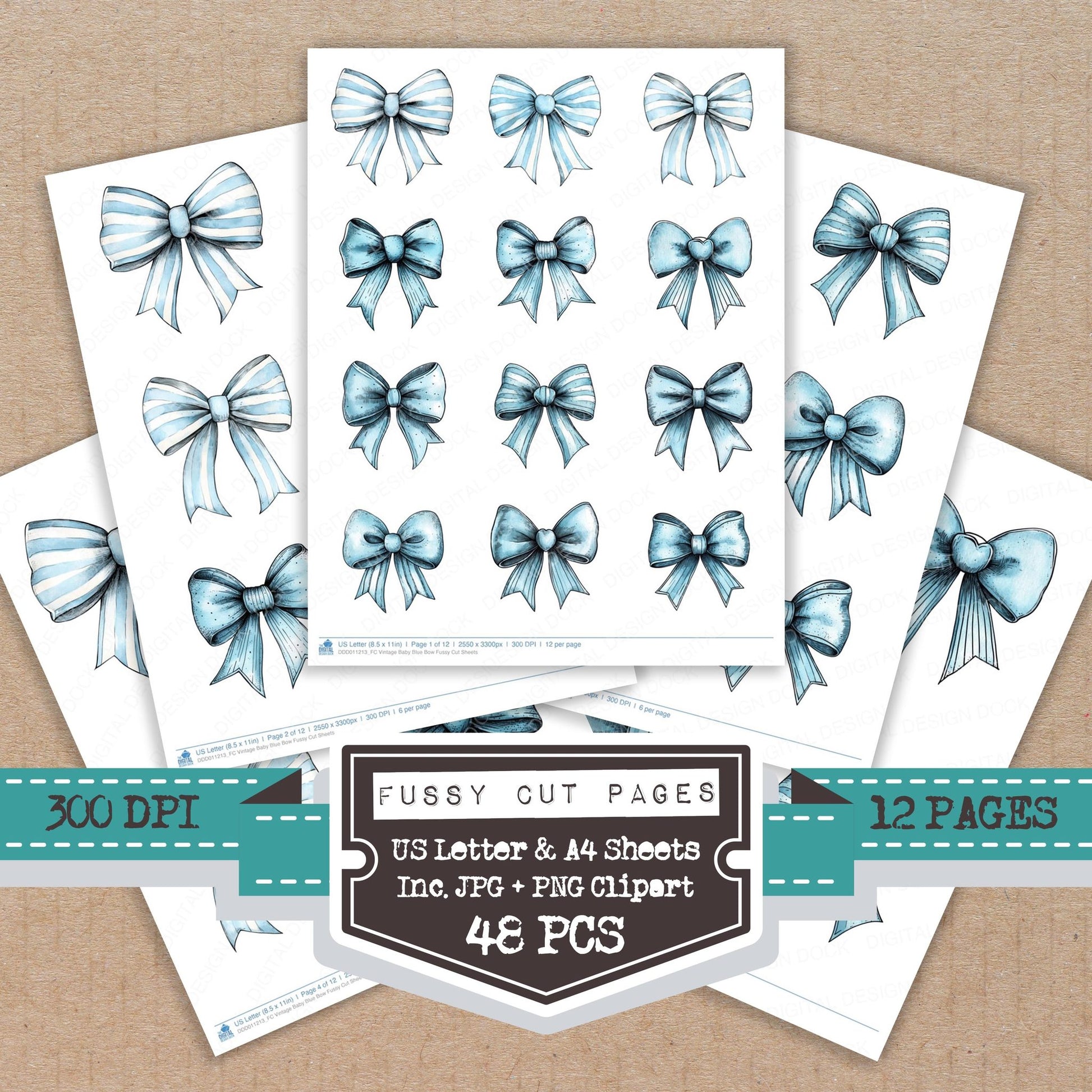 Vintage Baby Blue Bow fussy cut printable sheets for junk journaling, scrapbooking, and paper craft projects
