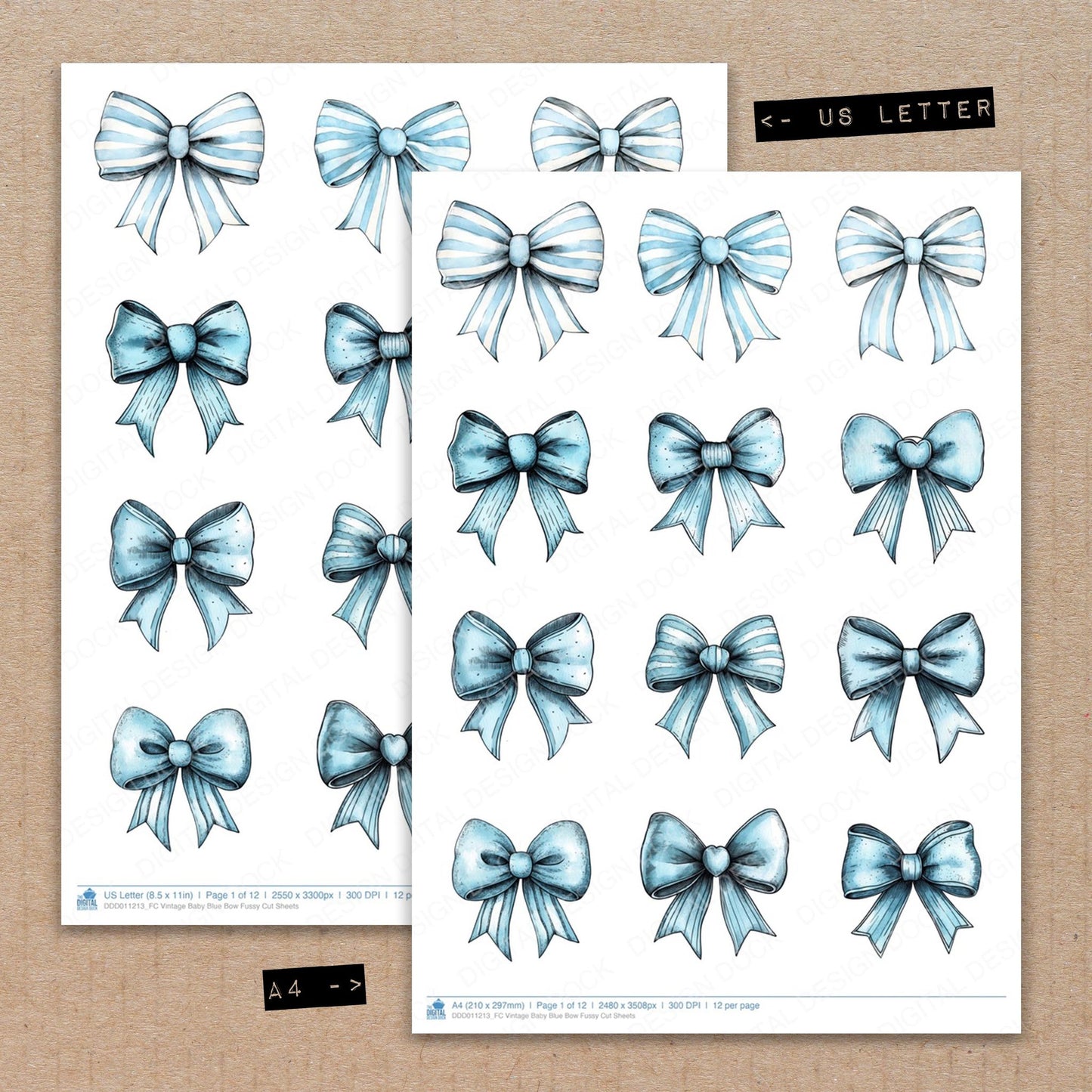A4 and US Letter format comparison showing Vintage Baby Blue Bow fussy cut pages for print and cut crafting