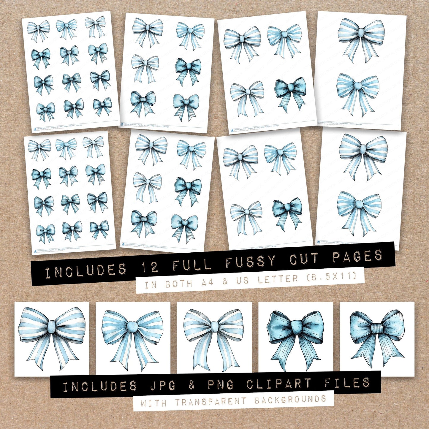 Full collection view of Vintage Baby Blue Bow fussy cut sheets with bonus clipart JPG and PNG files