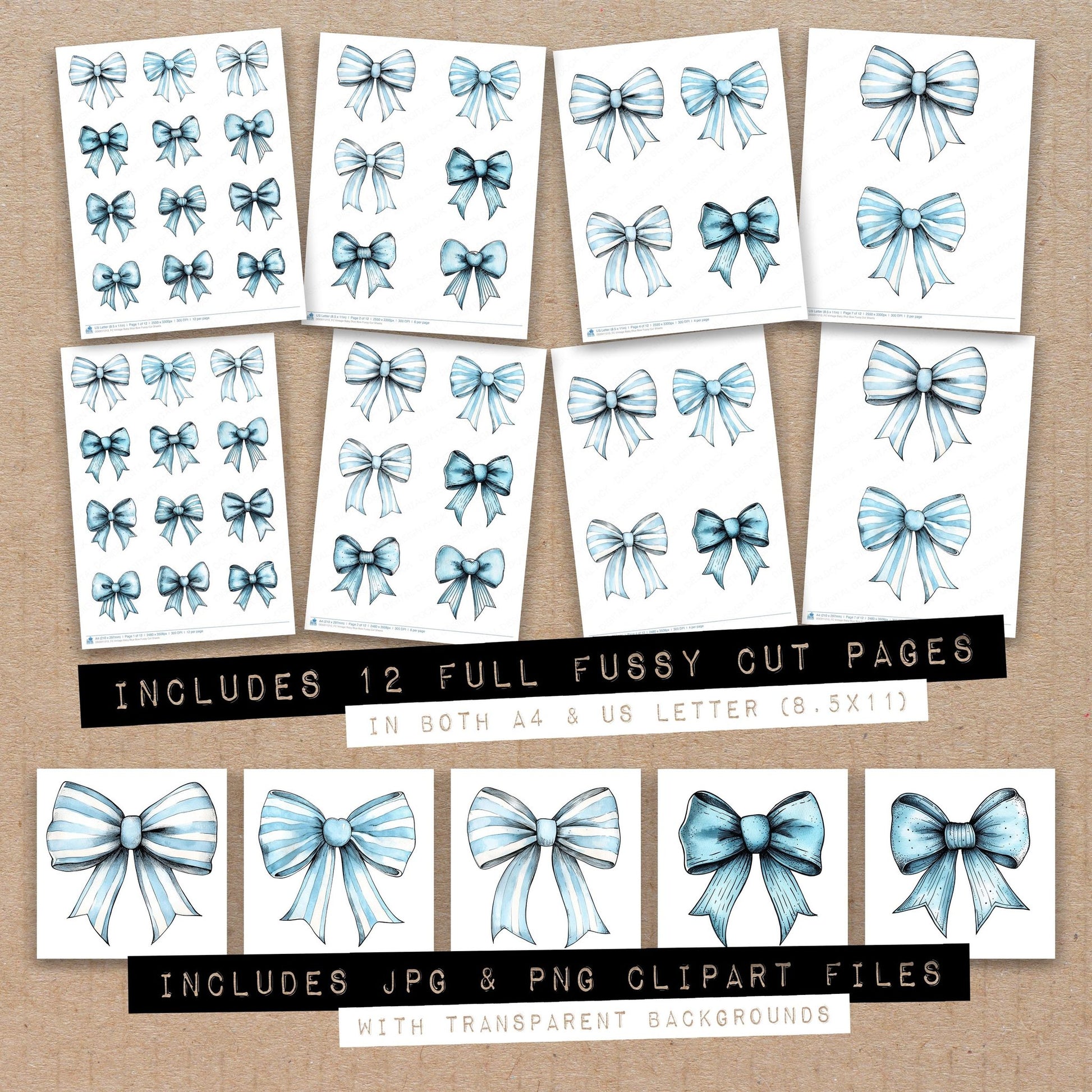 Full collection view of Vintage Baby Blue Bow fussy cut sheets with bonus clipart JPG and PNG files