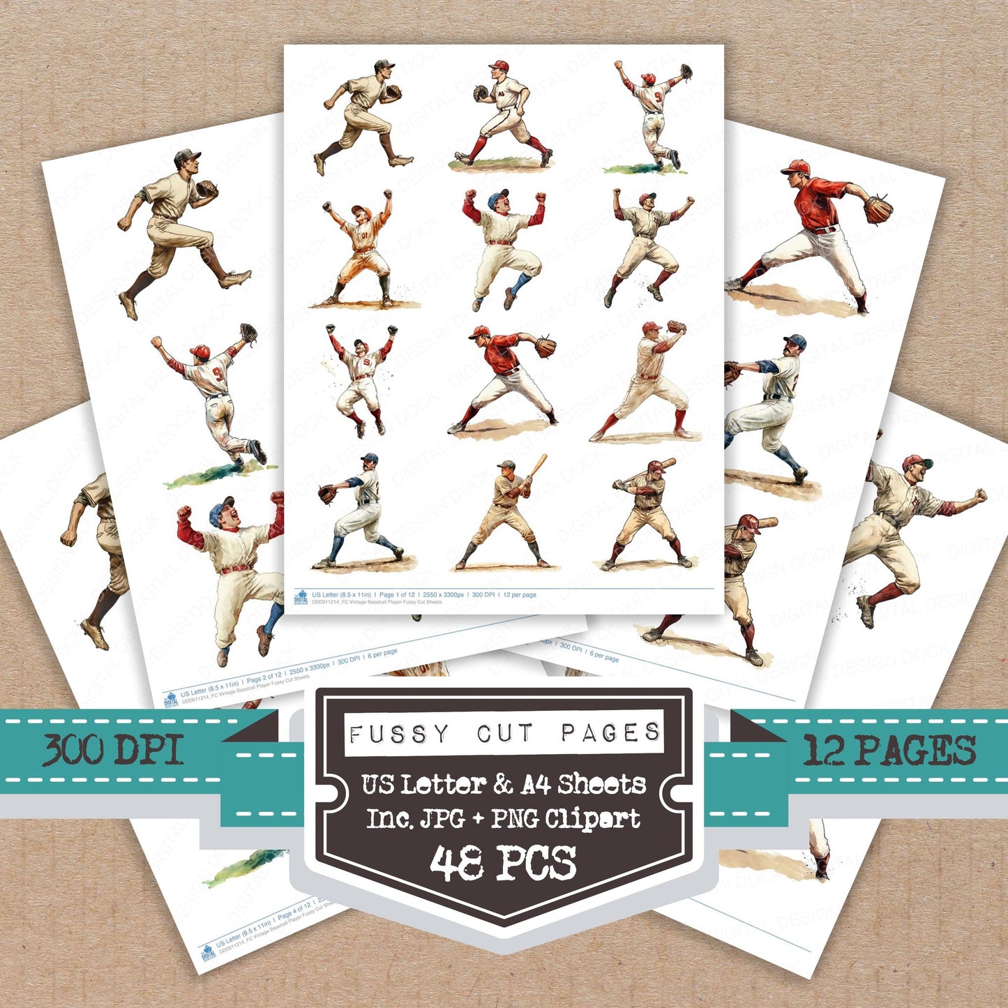 Vintage Baseball Player fussy cut printable sheets for junk journaling, scrapbooking, and paper craft projects