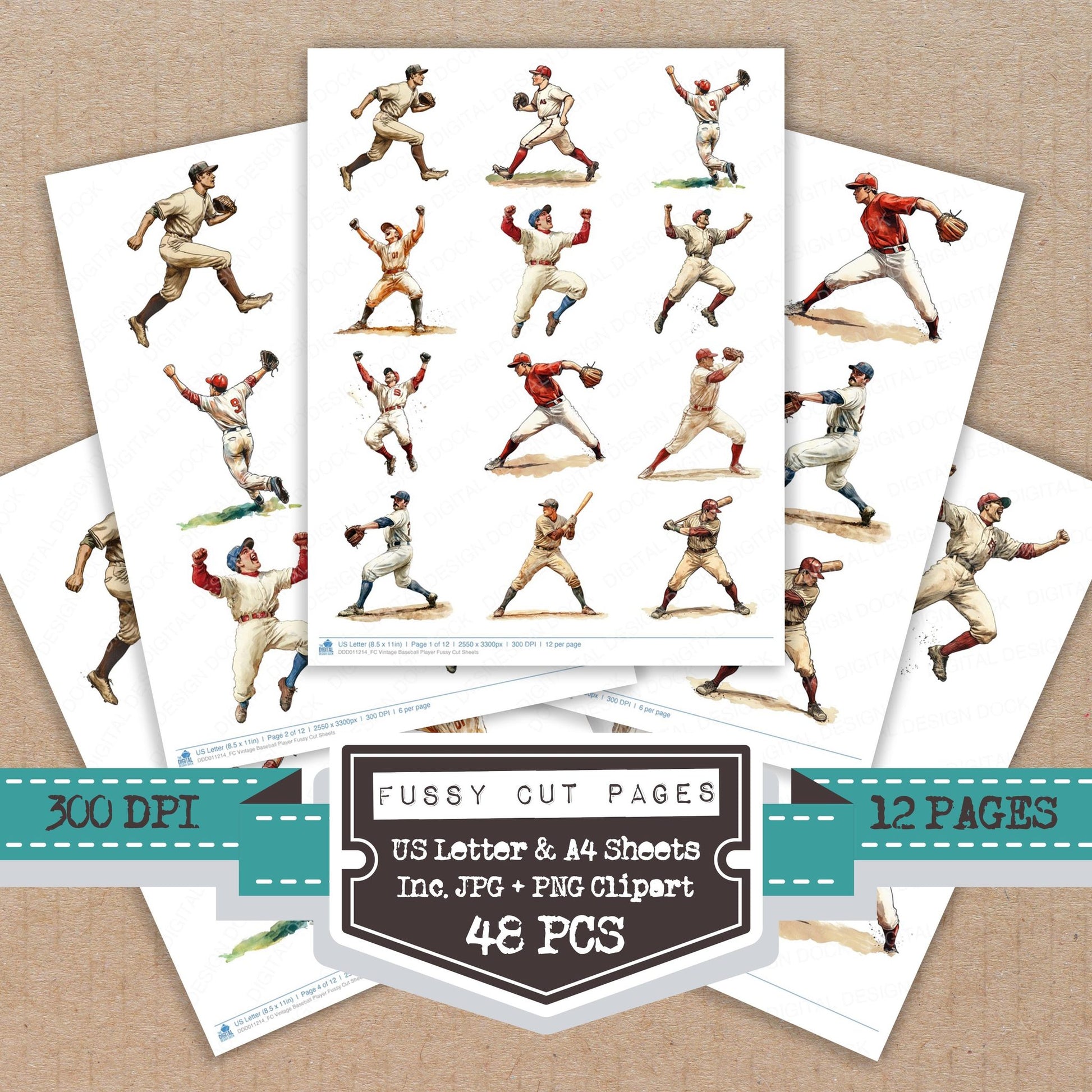 Vintage Baseball Player fussy cut printable sheets for junk journaling, scrapbooking, and paper craft projects