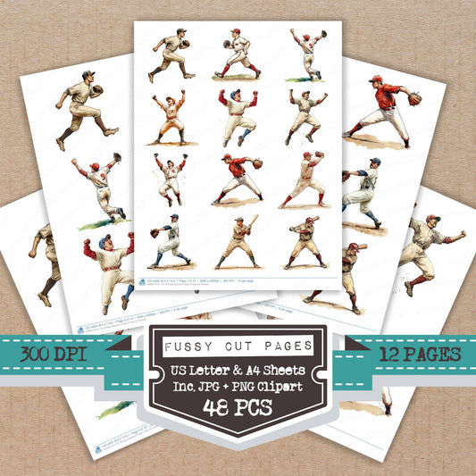 Vintage Baseball Player fussy cut printable sheets for junk journaling, scrapbooking, and paper craft projects
