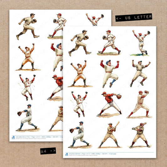 A4 and US Letter format comparison showing Vintage Baseball Player fussy cut pages for print and cut crafting