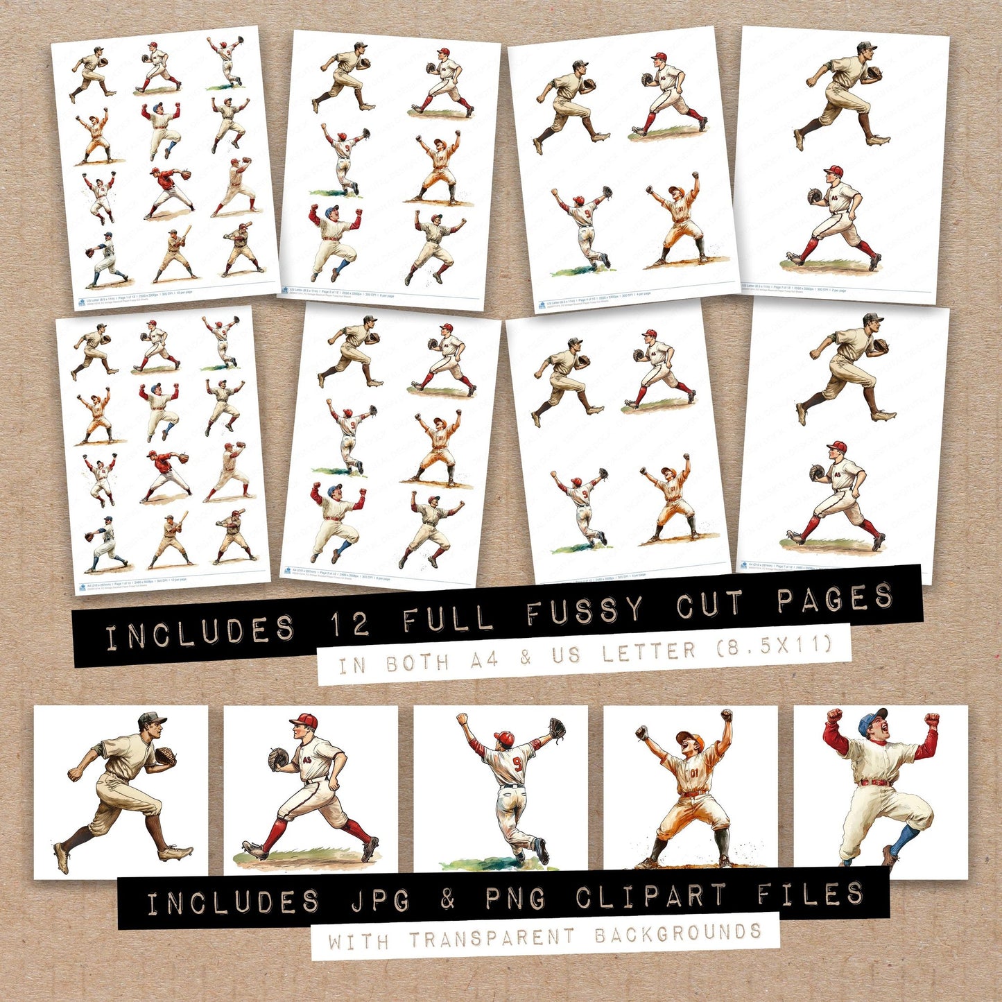 Full collection view of Vintage Baseball Player fussy cut sheets with bonus clipart JPG and PNG files