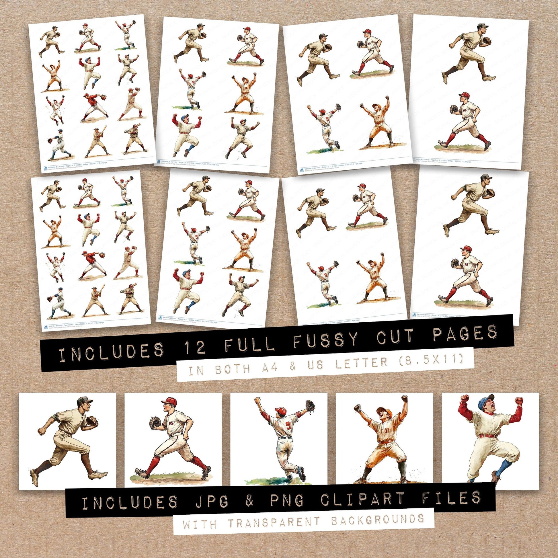 Full collection view of Vintage Baseball Player fussy cut sheets with bonus clipart JPG and PNG files