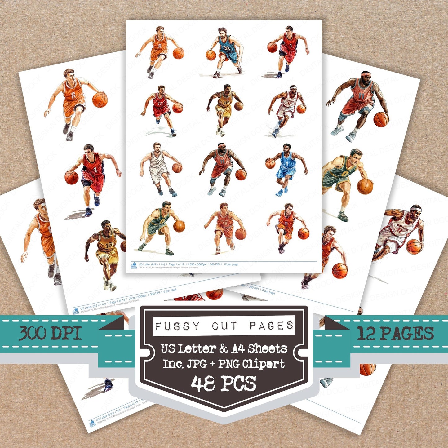 Vintage Basketball Player fussy cut printable sheets for junk journaling, scrapbooking, and paper craft projects