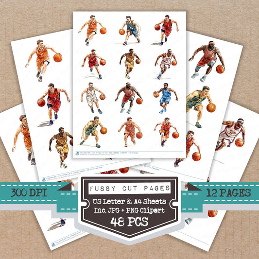 Vintage Basketball Player fussy cut printable sheets for junk journaling, scrapbooking, and paper craft projects