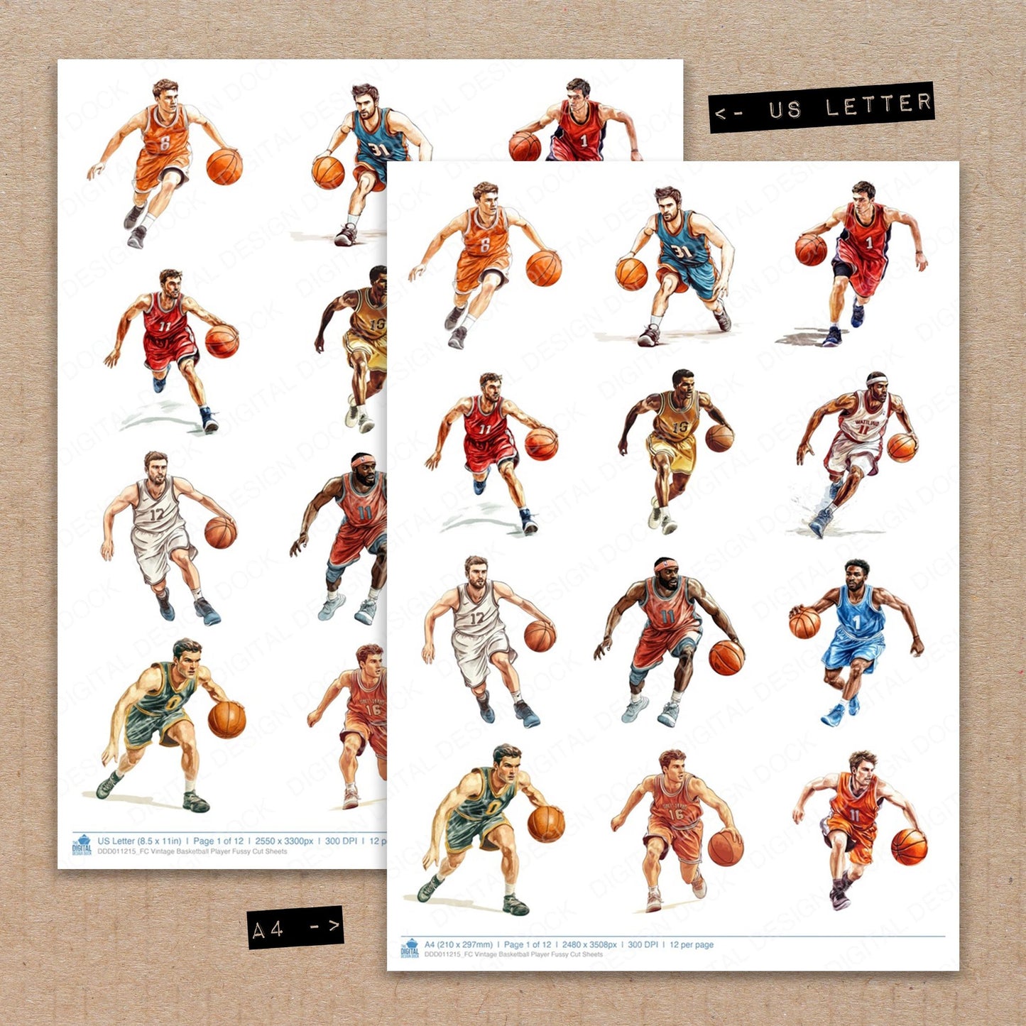 A4 and US Letter format comparison showing Vintage Basketball Player fussy cut pages for print and cut crafting