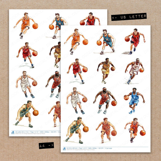 A4 and US Letter format comparison showing Vintage Basketball Player fussy cut pages for print and cut crafting