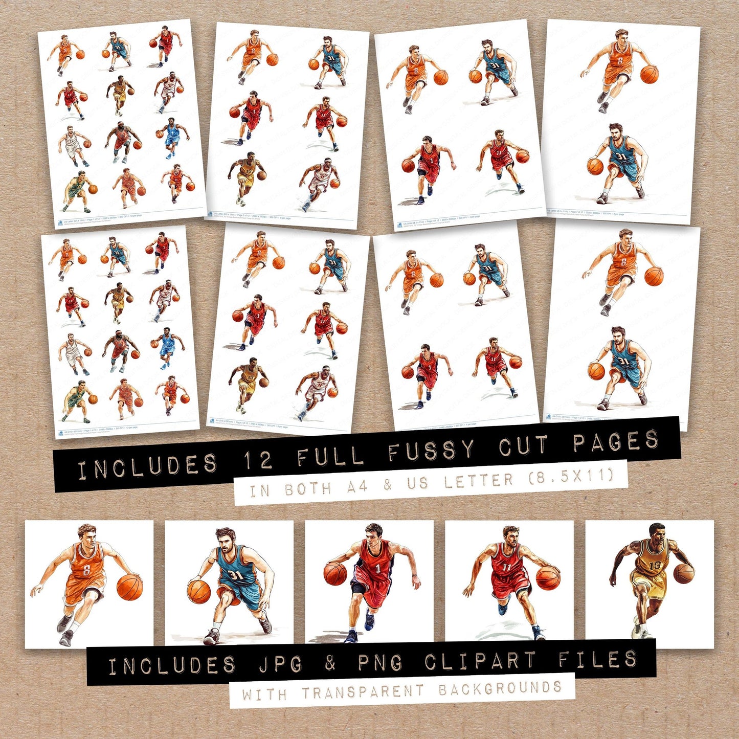 Full collection view of Vintage Basketball Player fussy cut sheets with bonus clipart JPG and PNG files