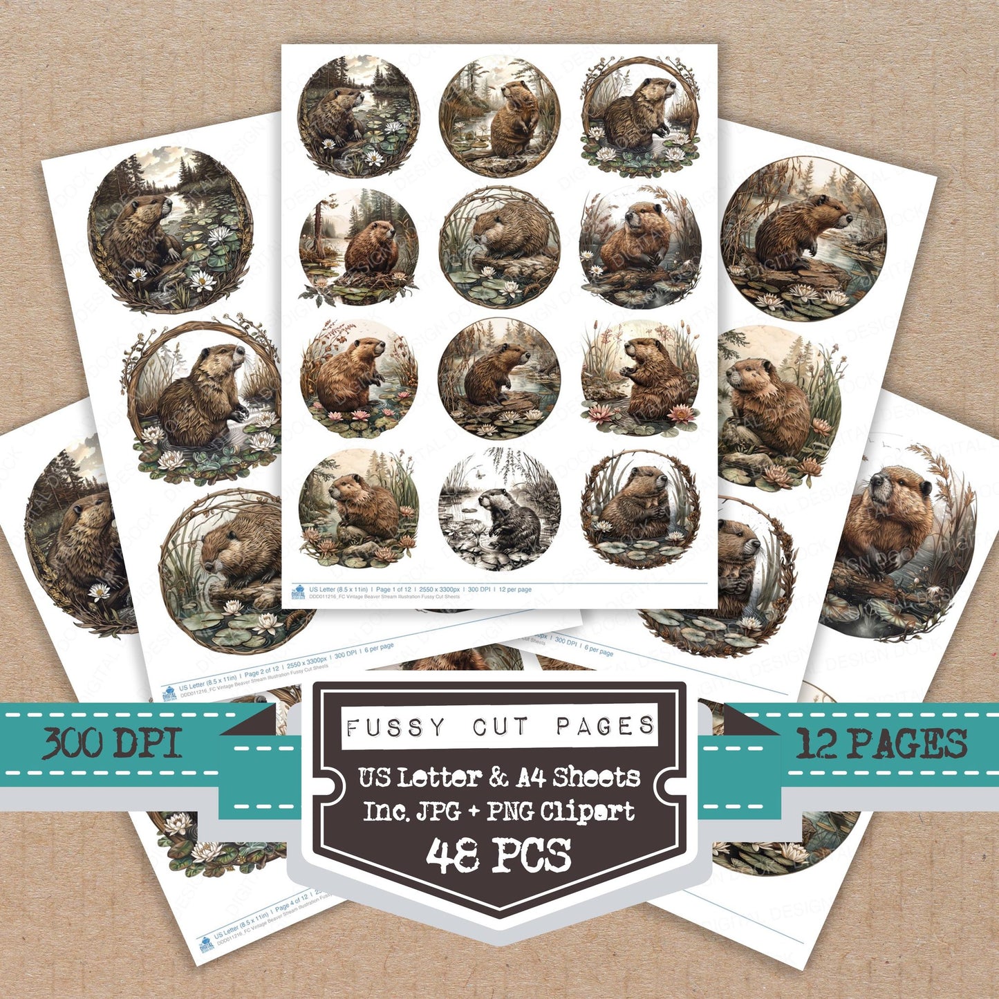 Vintage Beaver Stream Illustration fussy cut printable sheets for junk journaling, scrapbooking, and paper craft projects