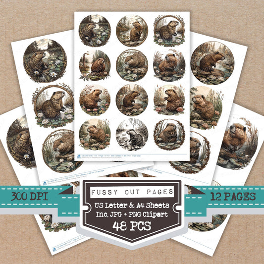 Vintage Beaver Stream Illustration fussy cut printable sheets for junk journaling, scrapbooking, and paper craft projects