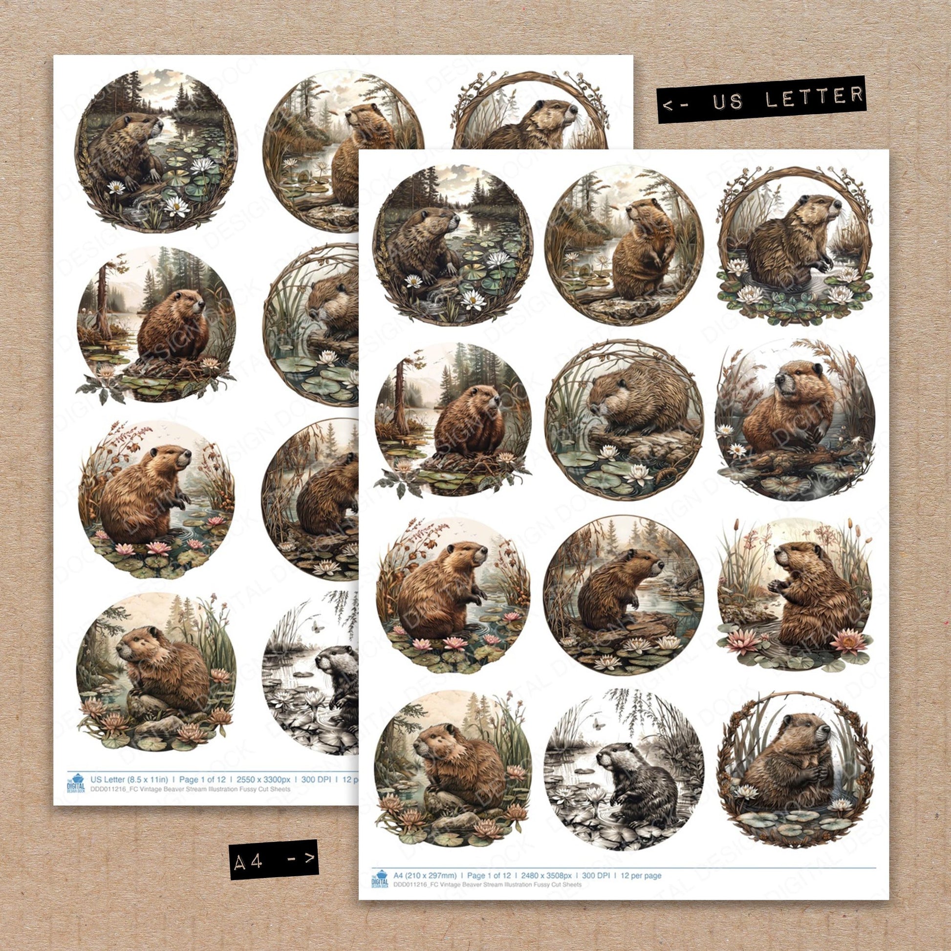 A4 and US Letter format comparison showing Vintage Beaver Stream Illustration fussy cut pages for print and cut crafting