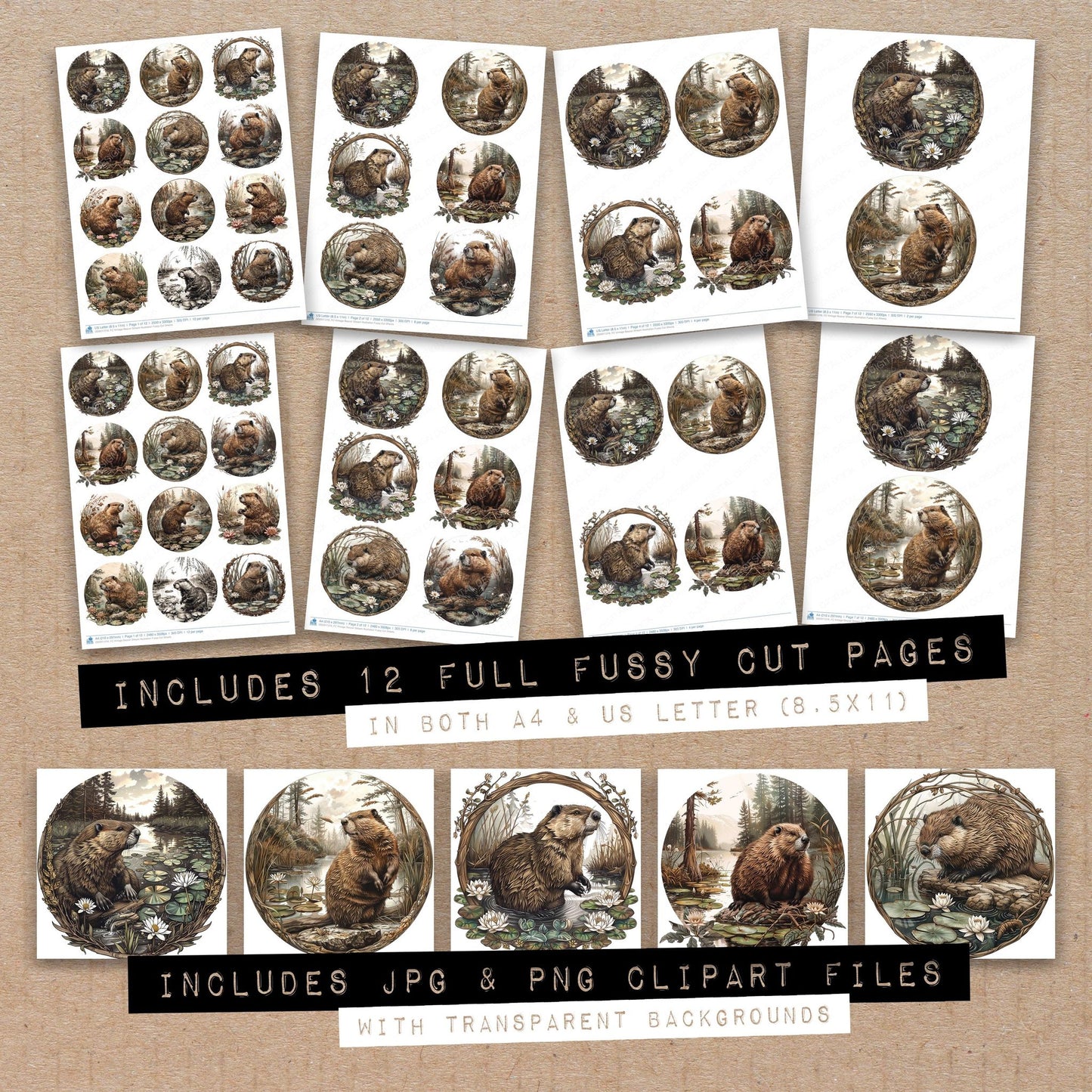 Full collection view of Vintage Beaver Stream Illustration fussy cut sheets with bonus clipart JPG and PNG files
