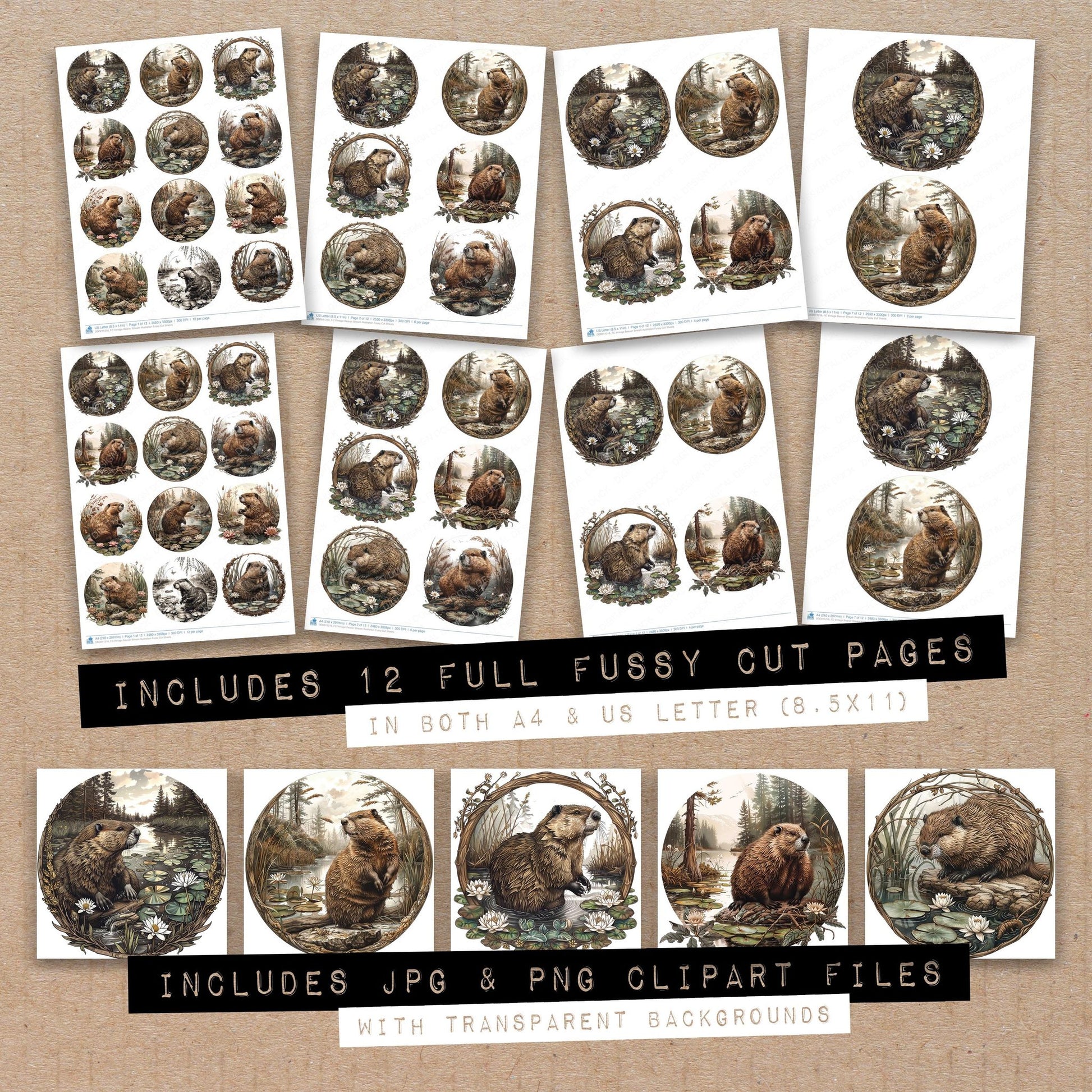 Full collection view of Vintage Beaver Stream Illustration fussy cut sheets with bonus clipart JPG and PNG files