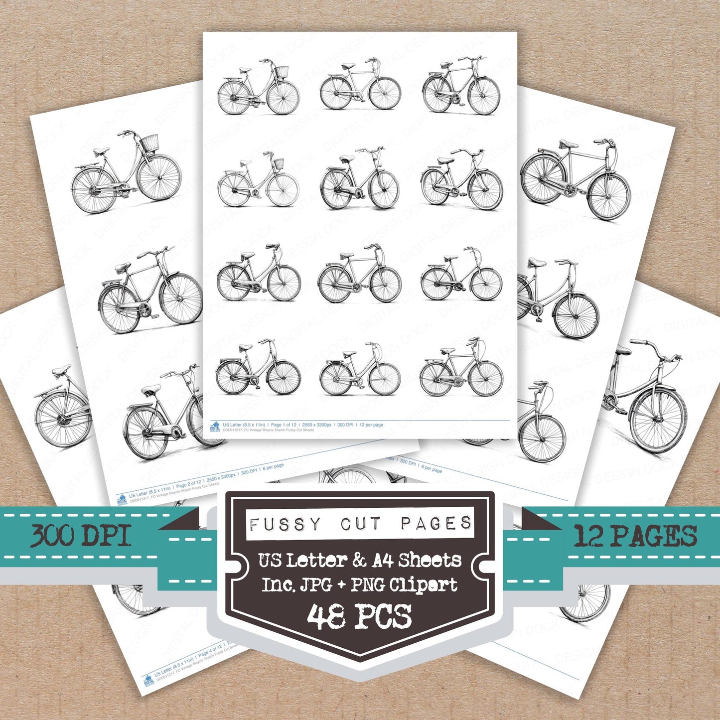 Vintage Bicycle Sketch fussy cut printable sheets for junk journaling, scrapbooking, and paper craft projects