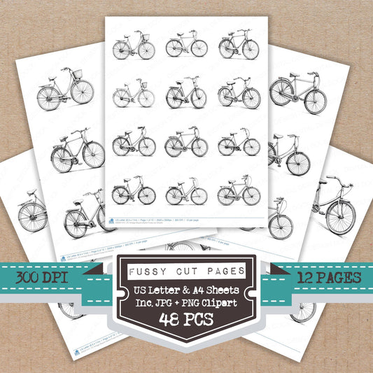 Vintage Bicycle Sketch fussy cut printable sheets for junk journaling, scrapbooking, and paper craft projects