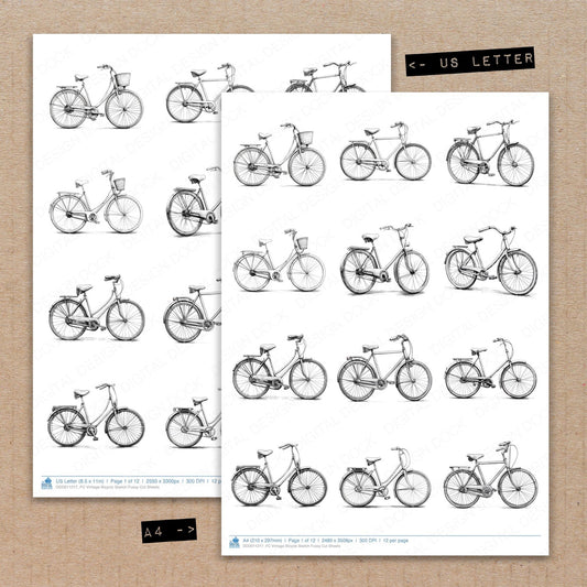 A4 and US Letter format comparison showing Vintage Bicycle Sketch fussy cut pages for print and cut crafting
