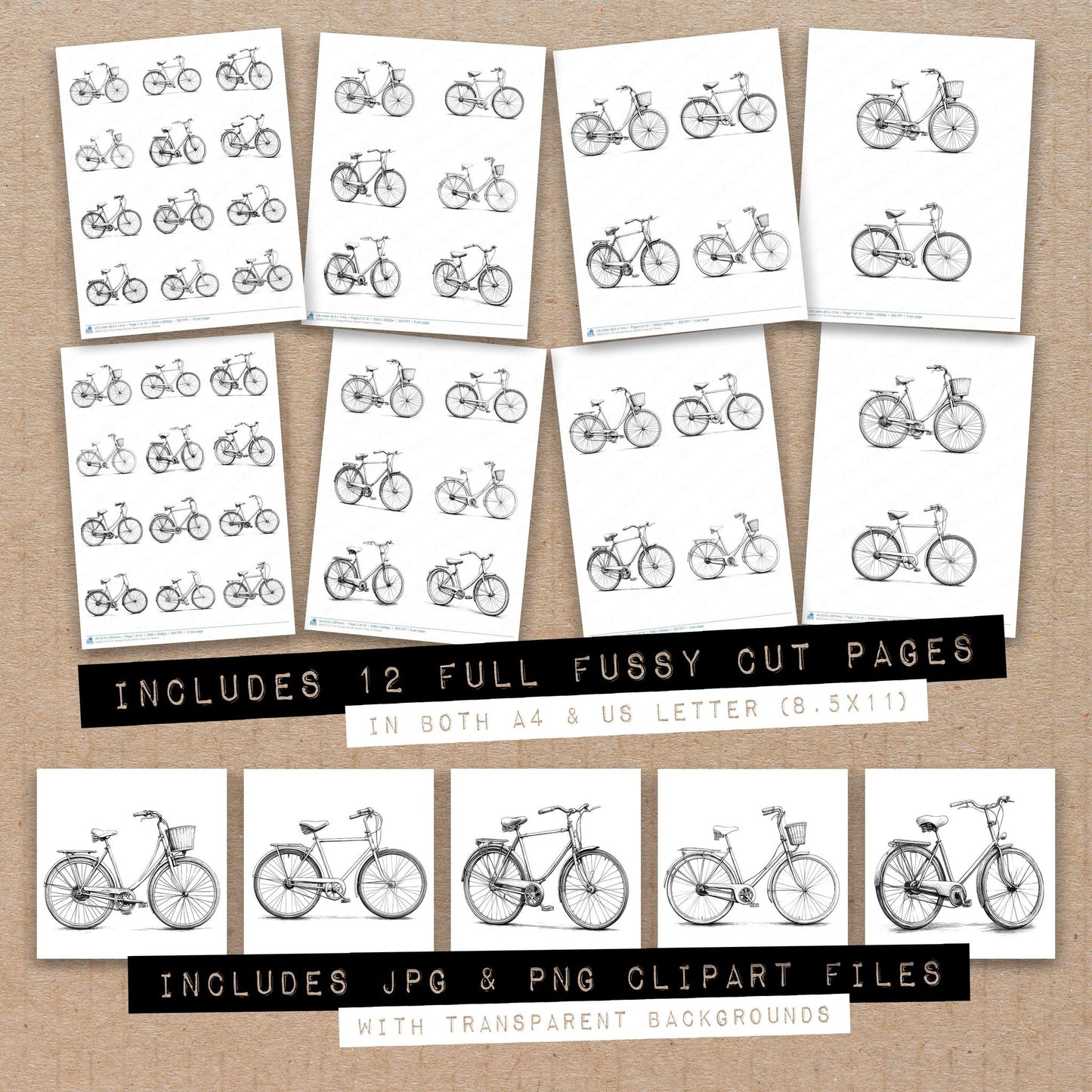 Full collection view of Vintage Bicycle Sketch fussy cut sheets with bonus clipart JPG and PNG files
