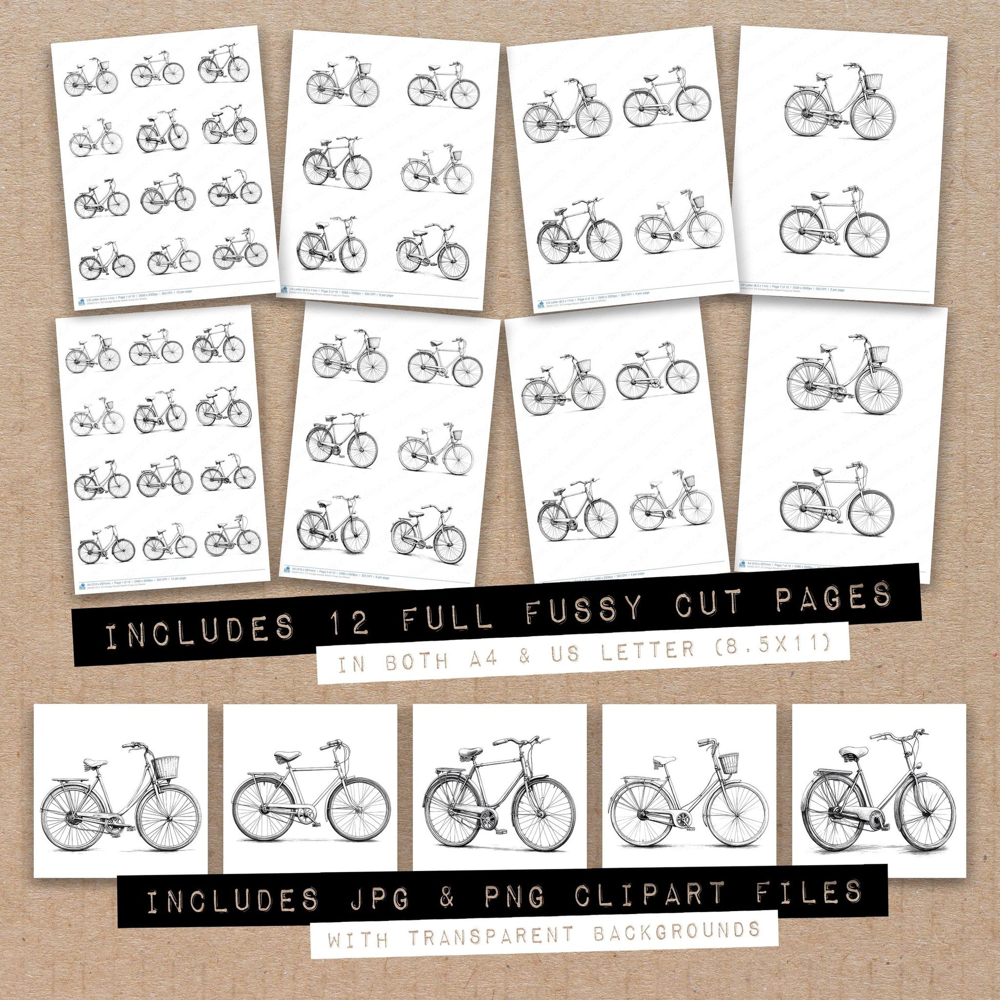 Full collection view of Vintage Bicycle Sketch fussy cut sheets with bonus clipart JPG and PNG files