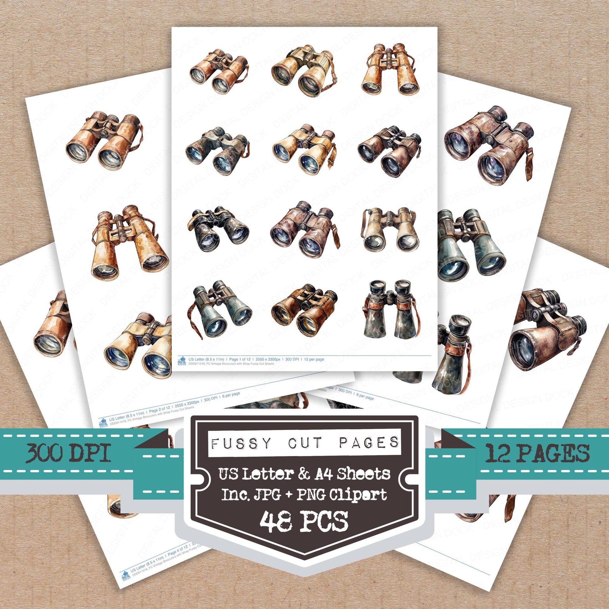 Vintage Binoculars with Strap fussy cut printable sheets for junk journaling, scrapbooking, and paper craft projects