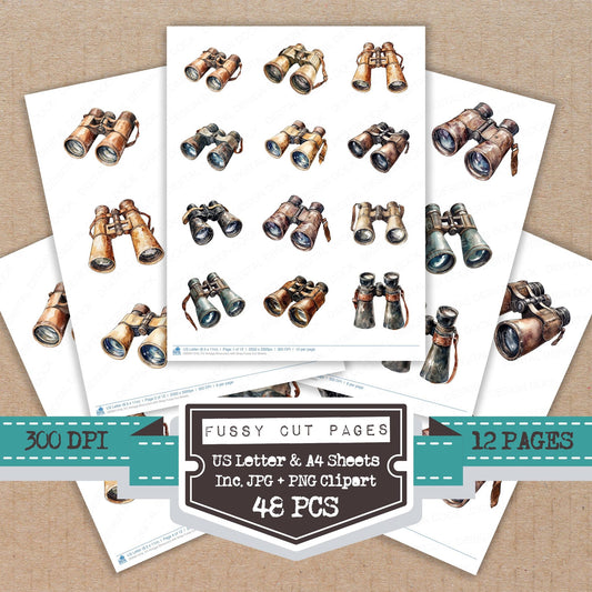 Vintage Binoculars with Strap fussy cut printable sheets for junk journaling, scrapbooking, and paper craft projects