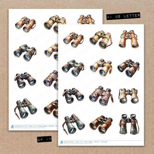 A4 and US Letter format comparison showing Vintage Binoculars with Strap fussy cut pages for print and cut crafting