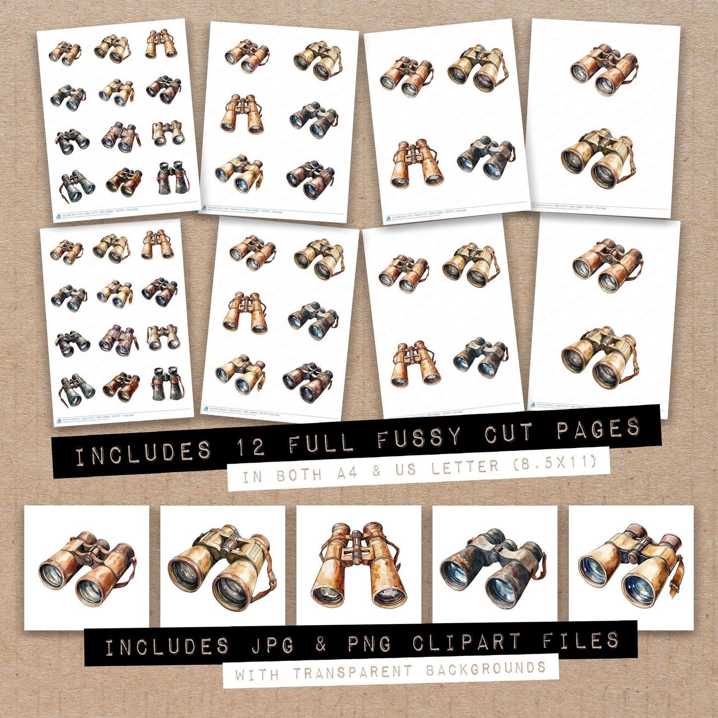 Full collection view of Vintage Binoculars with Strap fussy cut sheets with bonus clipart JPG and PNG files