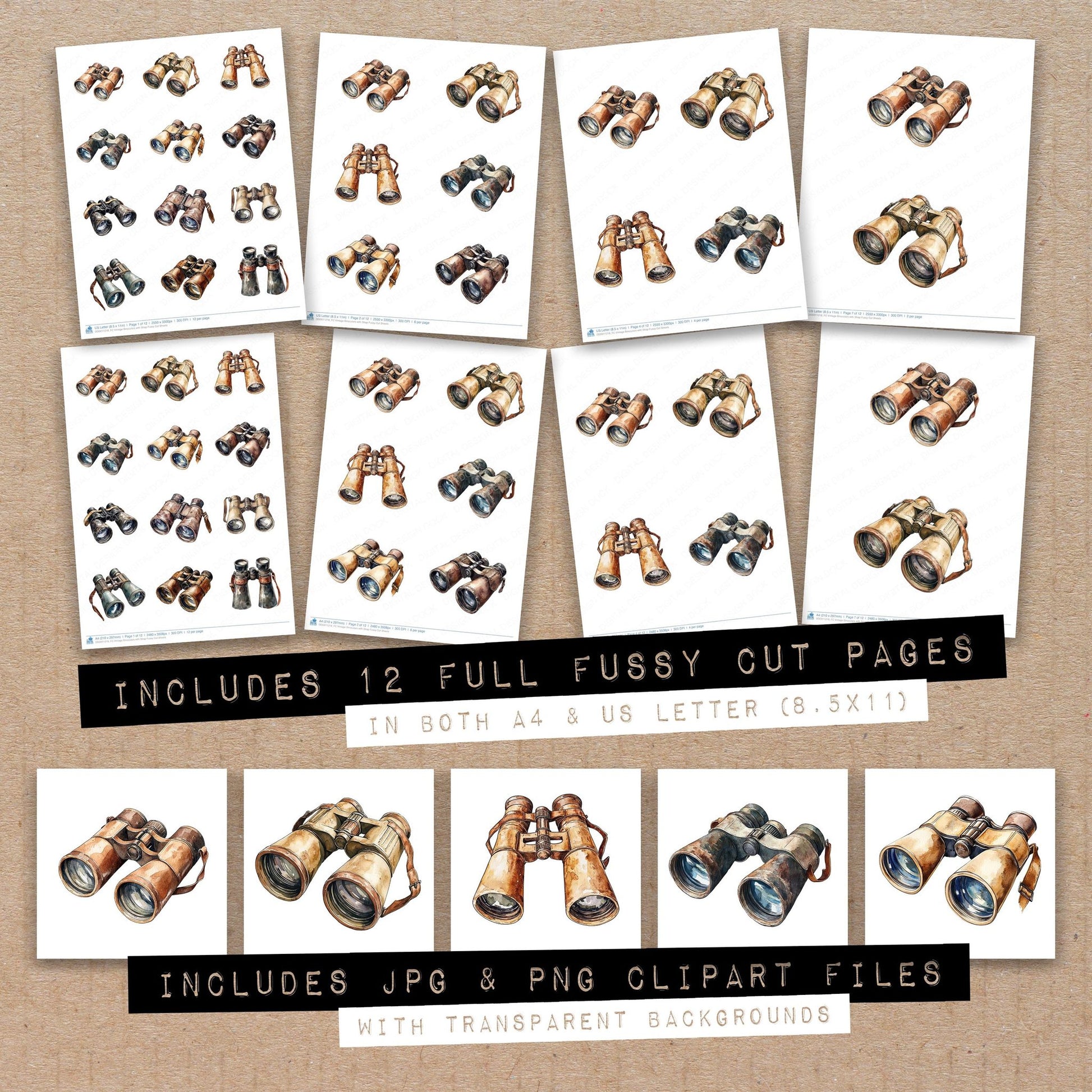 Full collection view of Vintage Binoculars with Strap fussy cut sheets with bonus clipart JPG and PNG files