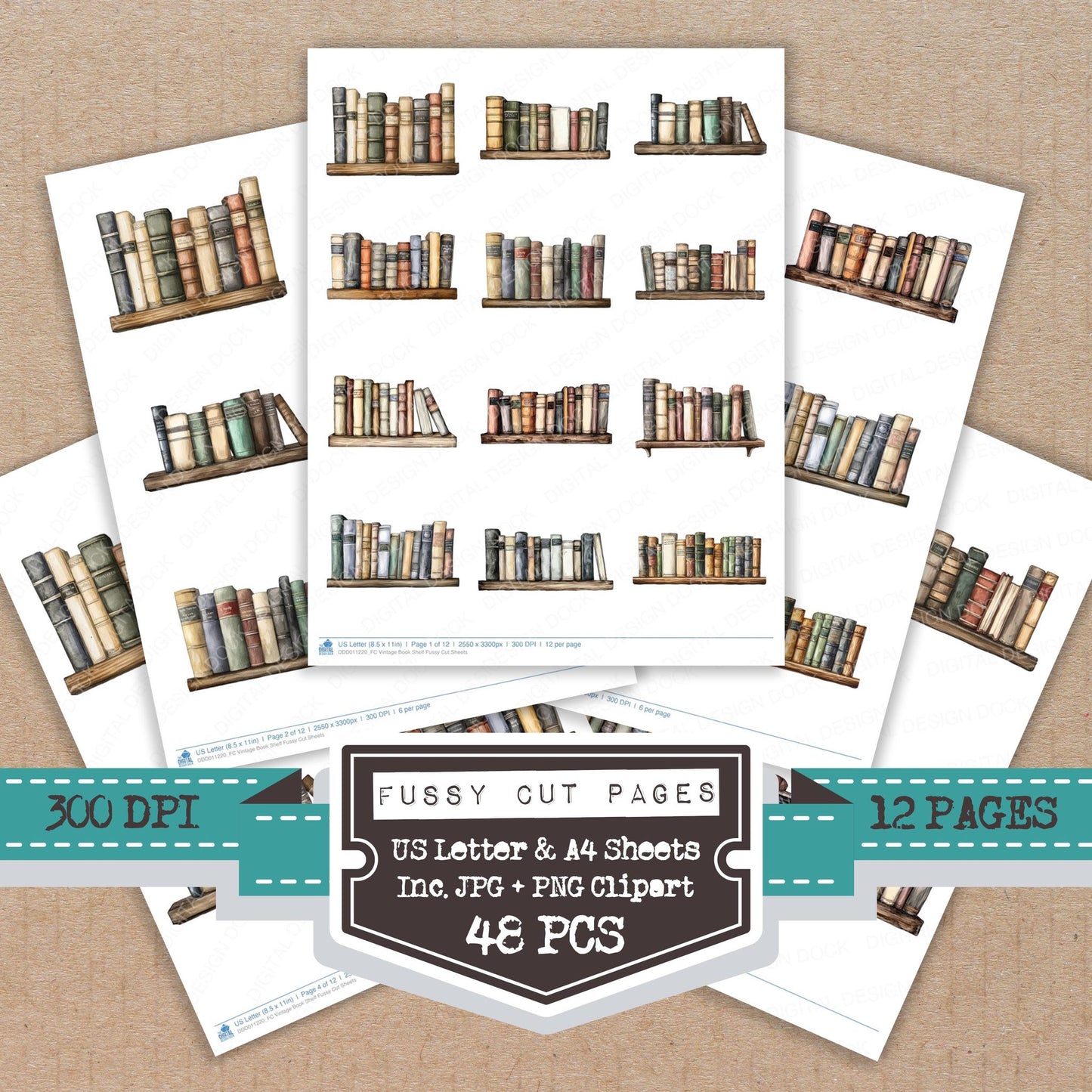Vintage Book Shelf fussy cut printable sheets for junk journaling, scrapbooking, and paper craft projects