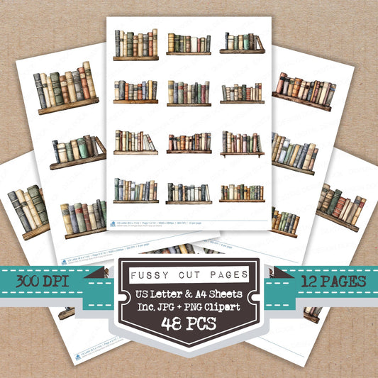 Vintage Book Shelf fussy cut printable sheets for junk journaling, scrapbooking, and paper craft projects