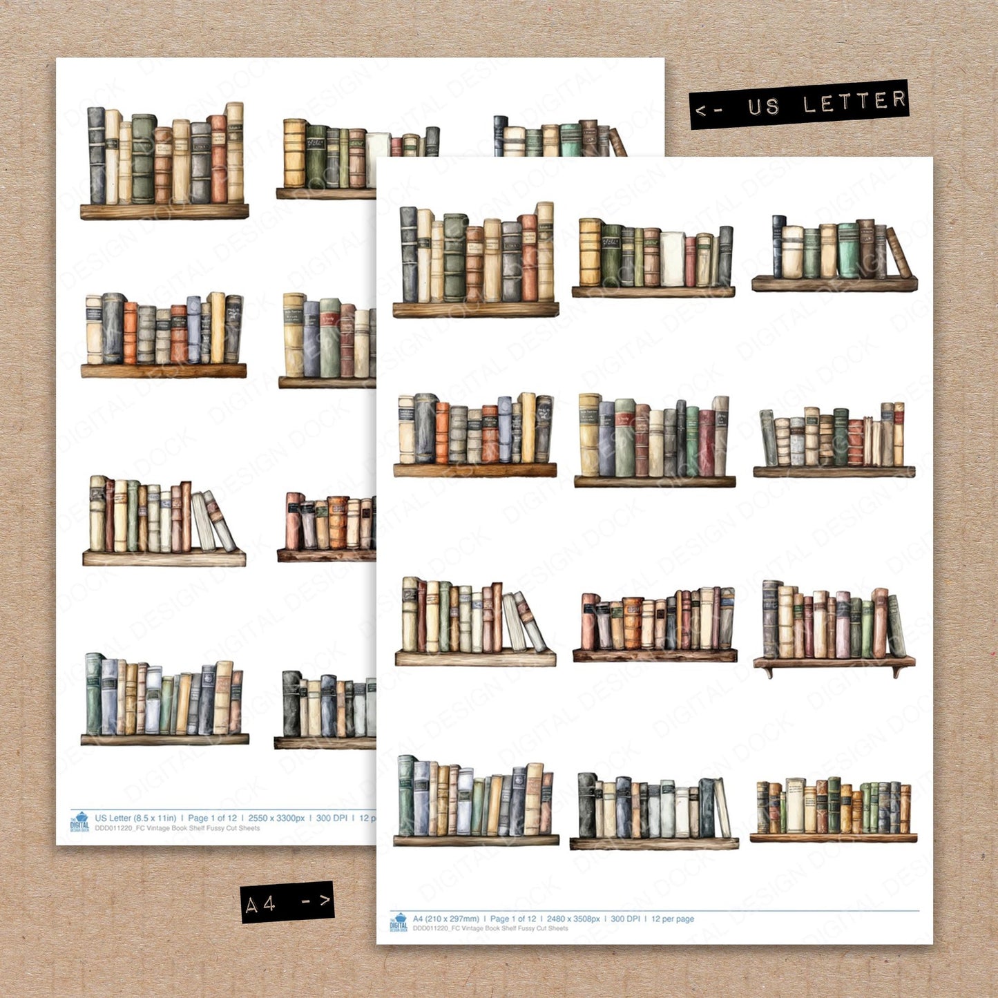 A4 and US Letter format comparison showing Vintage Book Shelf fussy cut pages for print and cut crafting